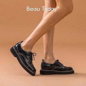 BeauToday Casual Shoes Women Patent leather Lace-Up Closure Square Toe Double Sewing  Ladies Derby Shoes Handmade 21813