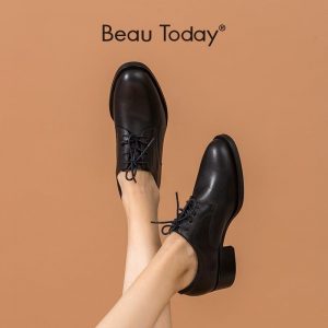 BeauToday Derby Shoes Women Cow leather Cross-Tied Round Toe Casual Ladies Office Dress Shoes Spring Autumn Flats Handmade 21612