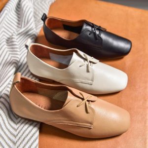 BeauToday Derby Shoes Women Top Quality Genuine Leather Cross-Tied Square Toe Cow Leather Spring Lady Flats 21338