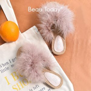 BeauToday Slippers Women Microfiber Turkey Hair Decoration Open Toe Flat Heel Summer Ladies Outdoor Flat Shoes Handmade 36073