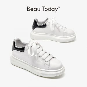 BeauToday White Sneakers Women Genuine Cow Leather Round Toe Trainers Lace-up Lady Casual Chunky Shoes Handmade 2907091