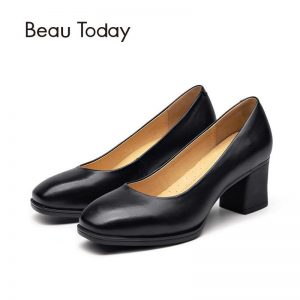 BeauToday Women Pumps Genuine Cow Leather Slip On Square Toe High Heel Handmade Office Ladies Dress Brand Boat Shoes 15024