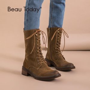 Brogue Boots Women BeauToday Brand Boot Mid-Calf Good Quality Cow Suede Leather Handmade Autumn Winter Lady Shoes 02201